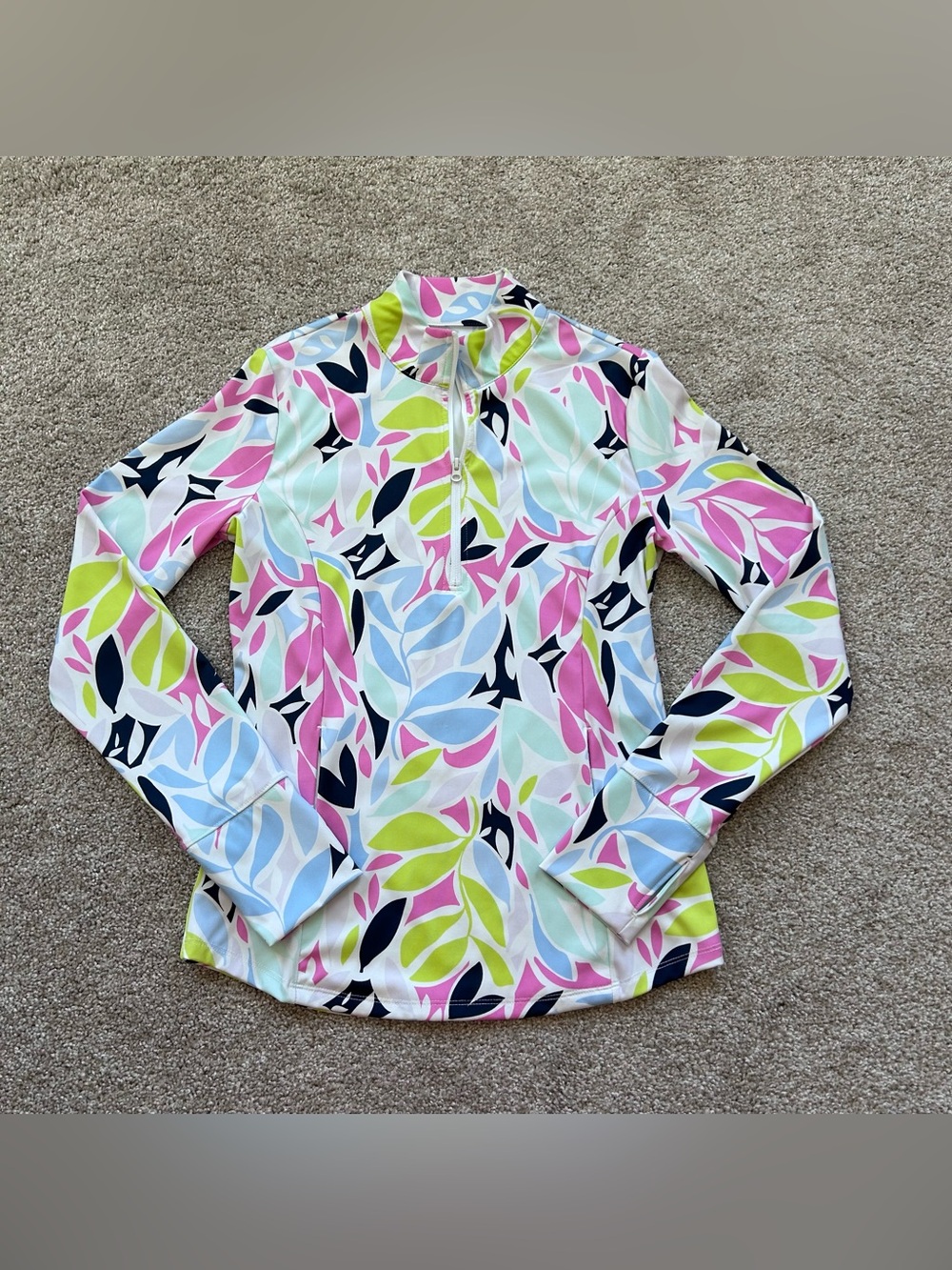 Tommy Bahama Golf Womens Small 1/4 Zip Pullover Sun Shirt Tropical Leaf Pockets